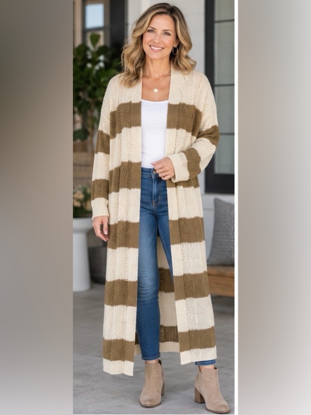 POL Striped Cream and Mocha Long Open-Front Cardigan Duster Sweater NWOT